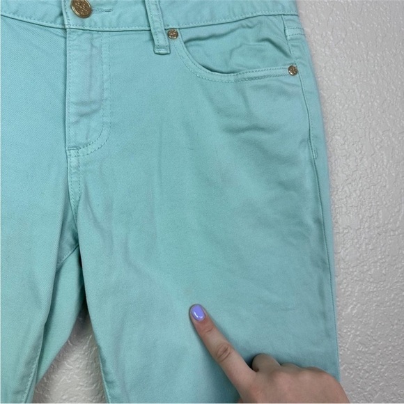Tory Burch Alexa Cropped Jean Mint Green Goldtone Logo Buttons Size 29 - Picture 9 of 13